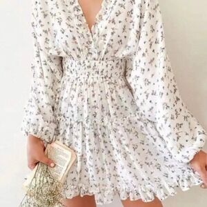 Blush Mark Floral Ruffle V Neck Smocked Waist Tiered Boho Mini Dress Lrg Romance
